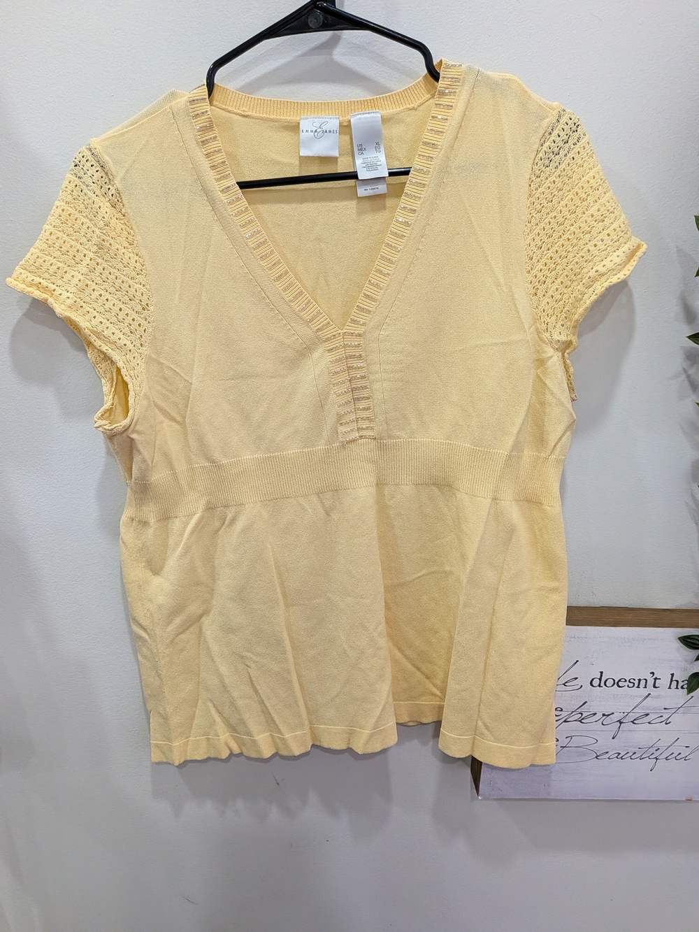 Emma James Beautiful Pale Yellow V-Neck Knit Top with Crochet Sleeves